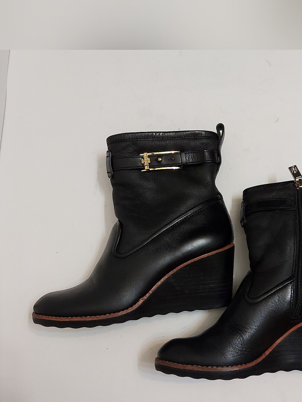 Tory Burch Black Leather Wedge Ankle Boots with Gold Buckle